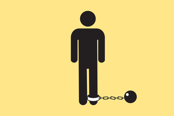 Bathroom door man icon with a ball and chain. Vector silhouette of a male symbol on a yellow background. - Vector, Image
