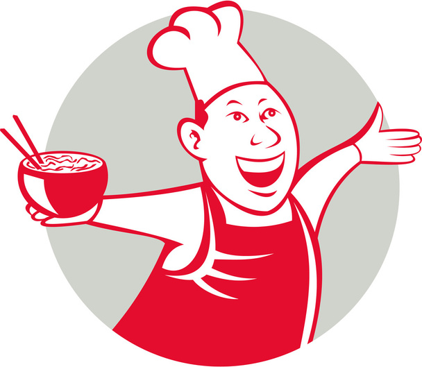 Aziatische Chef portie Noodle kom dansen cirkel Cartoon - Vector, afbeelding