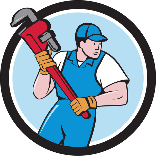 Loodgieter Holding Pipe Wrench cirkel Cartoon - Vector, afbeelding