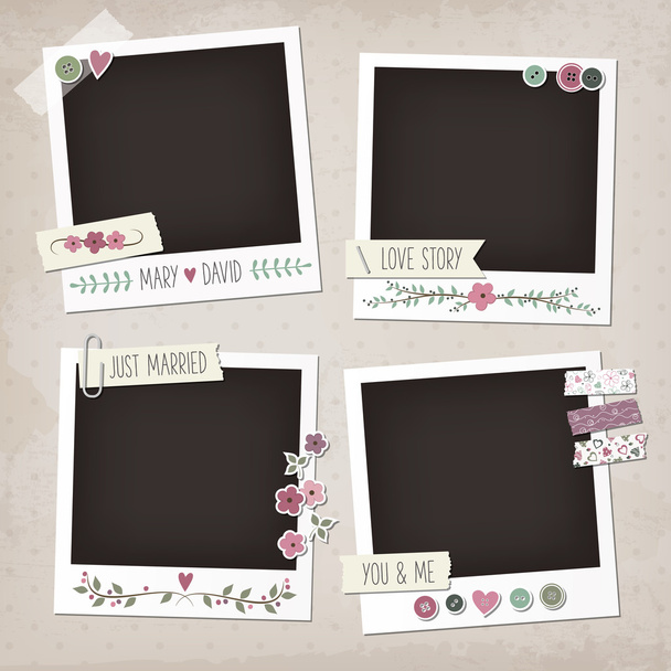 Vintage scrapbook set of photo frames with flowers, laurels, wreaths, stickers, washi tapes, buttons. Wedding scrapbook elements. - ベクター画像