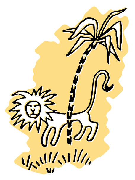 eine vereinfachende Zeichnung eines Löwen, der hinter einer Palme herstreift - Foto, Bild