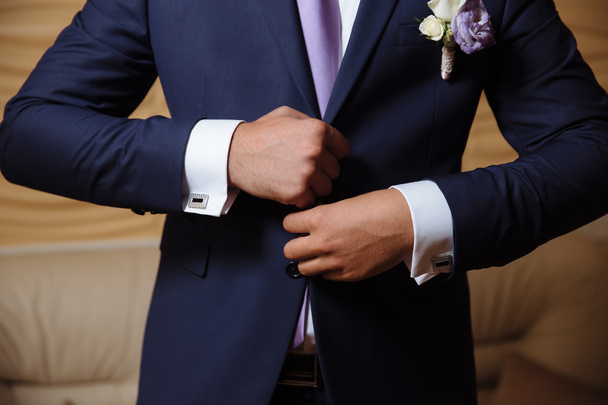 Businessman hands with cufflinks. Elegant gentleman clother - Photo, Image