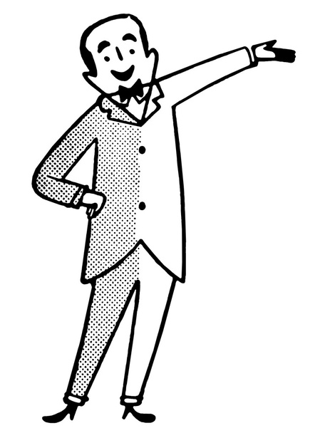 Une version noir et blanc d'un dessin de style dessin animé d'un homme habillé dans une suite avec nœud papillon
 - Photo, image