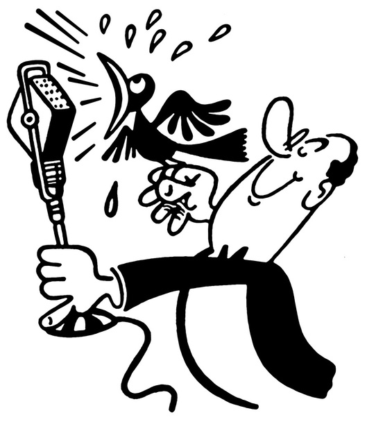 ένα μαύρο, μια λευκή έκδοση κινουμένων σχεδίων στυλ σχεδίασης ενός ανθρώπου που κρατώντας μια ουρλιάζει πουλιών μπροστά από ένα μικρόφωνο - Φωτογραφία, εικόνα