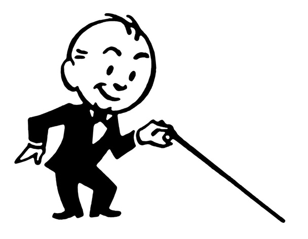 Чорний білий варіант малюнка мультиплікаційного стилю маленького чоловіка, одягненого в лаунж-комплект з тростиною
 - Фото, зображення