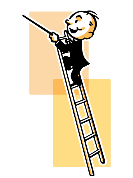 A cartoon style drawing of a conductor high up a ladder - Photo, Image