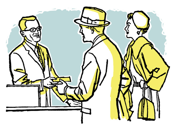 A vintage illustration of a couple talking with a pharmacist - Photo, Image