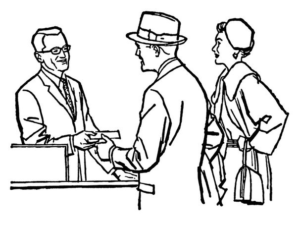 een zwart-wit versie van een vintage illustratie van een paar praten met een apotheker - Foto, afbeelding