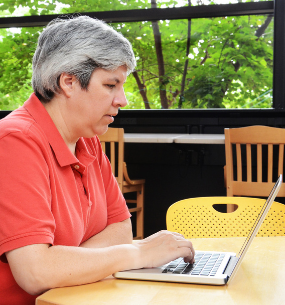 Frau mittleren Alters sitzt am Laptop - Foto, Bild