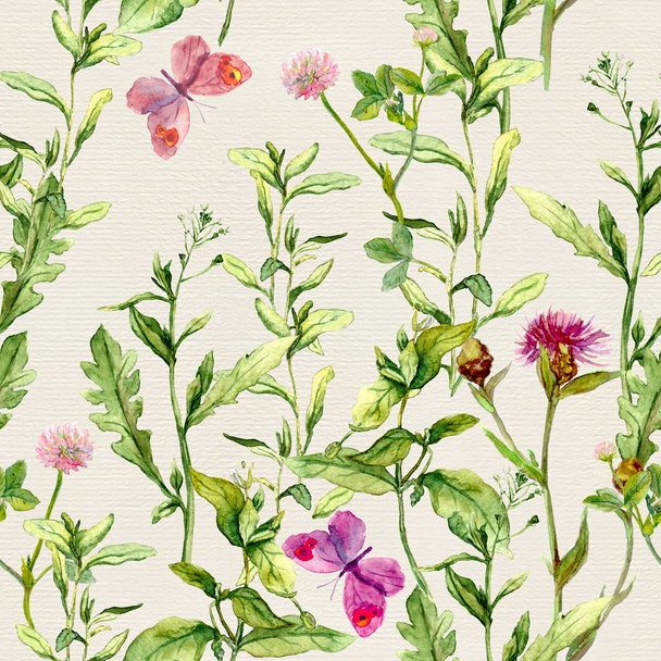 Herbs, flowers, butterflies, meadow grass. Repeated floral pattern. Watercolour - Foto, Imagen