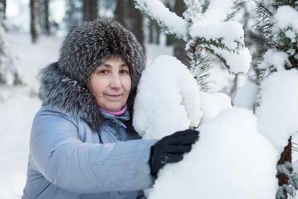 Attractive Caucasian mature woman holding snowy branch of pine tree at winter - Foto, afbeelding