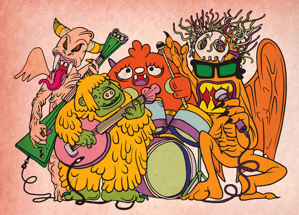 Fiesta de rock de monstruos, estilo dibujado a mano
 - Vector, imagen