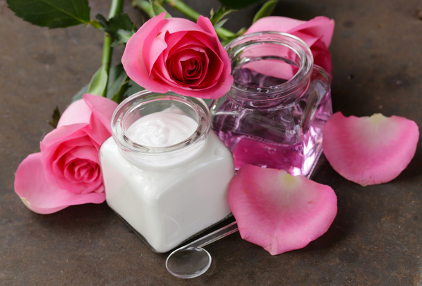 Natural organic cosmetics cream and rose water - Photo, Image