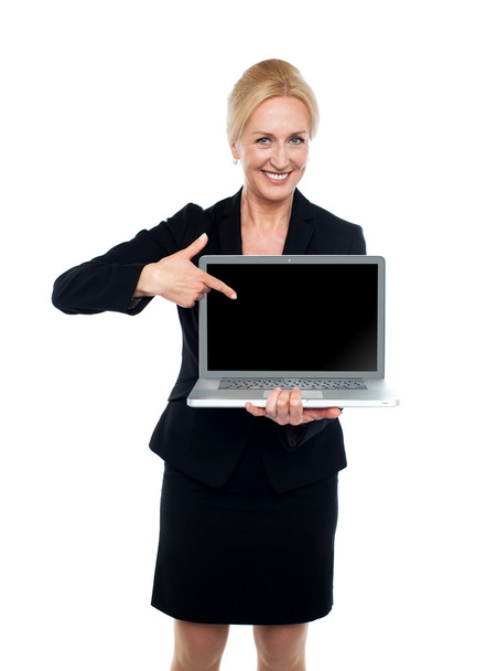 Business lady indicating towards laptop screen - Foto, afbeelding