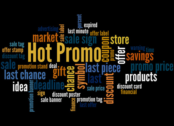 Gorący Promo, słowo cloud koncepcja 7 - Zdjęcie, obraz