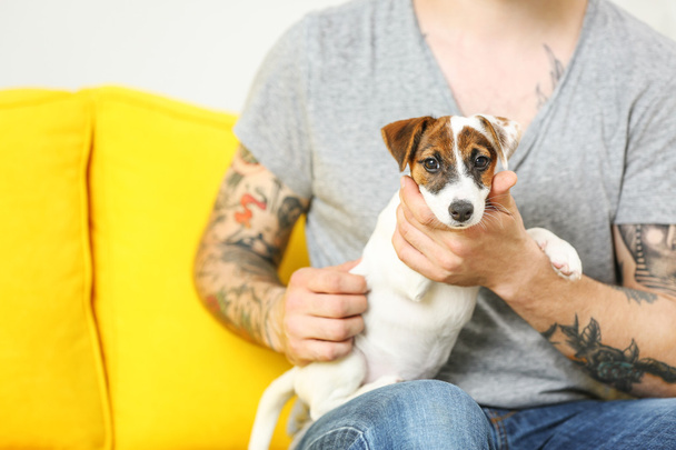 Man with cute dog on yellow couch - Foto, Imagem