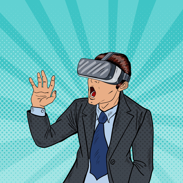 Verbaasd Business man in virtual reality bril. Pop Art vector illustratie - Vector, afbeelding