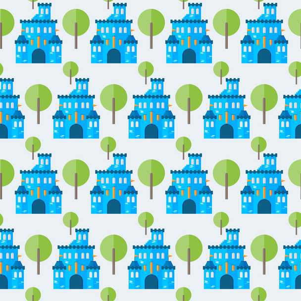 Мультяшний синій замок і безшовний візерунок на дереві
 - Вектор, зображення