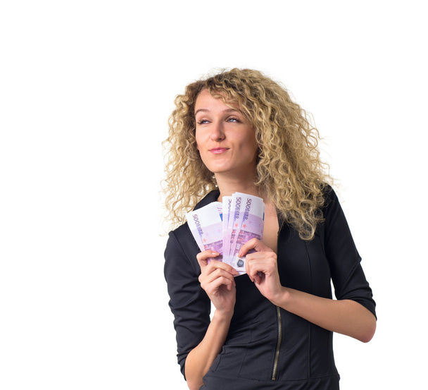 Mujer de negocios cuenta dinero y pensamiento
 - Foto, Imagen