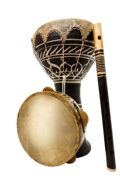 Traditional musical instument Djembe drum, tambourine and flute - Photo, Image