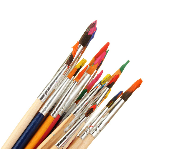 Paint brushes with gouache isolated on white - Photo, image
