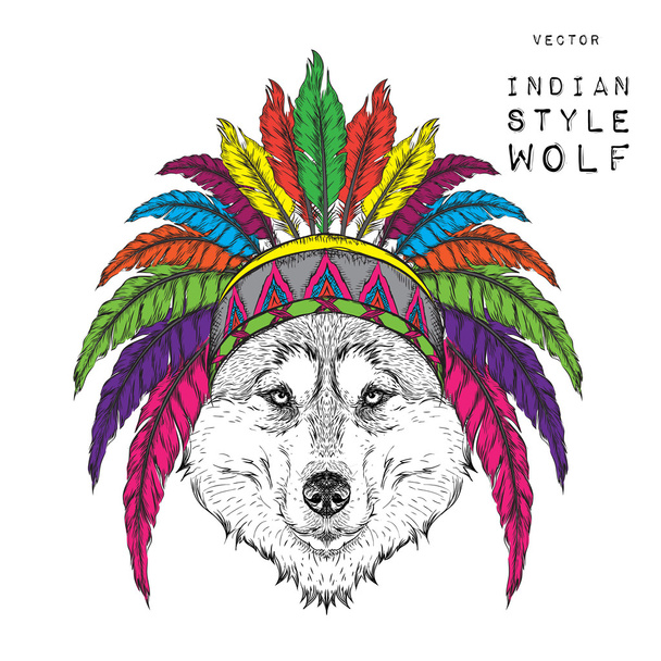 Wolf in the Indian roach. Indian feather headdress of eagle. Hand draw vector  illustration - Vektor, obrázek