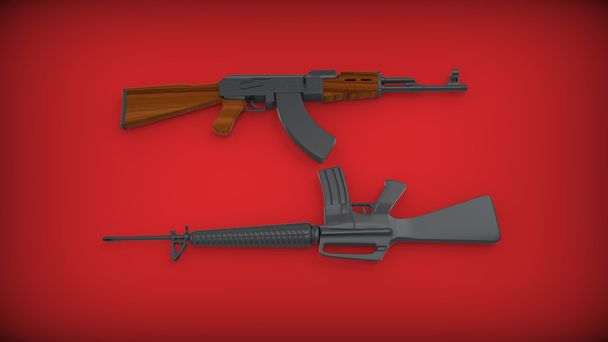 Kalashnikov AK-47 and M 16 on red background. - Foto, Imagen
