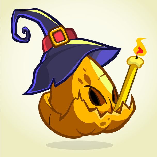Jack-O-Lantern. Halloween pumpkin in blue witch hat holding candle. Vector illustration isolated  - Vector, imagen