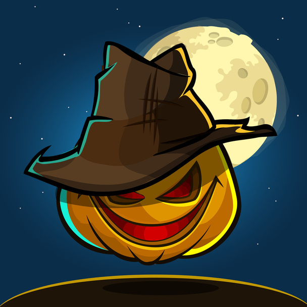 A vector illustration of cartoon Halloween pumpkin with hat isolated on dark night background with a big full moon behind - Vetor, Imagem