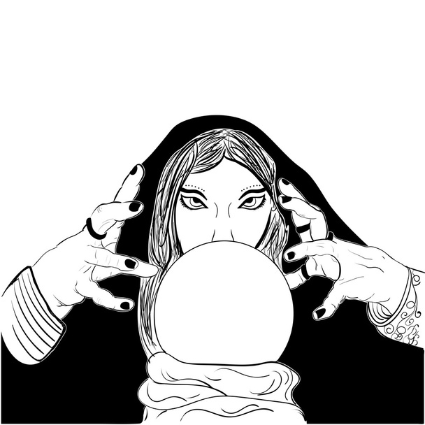 Femme Sketchy diseur de bonne aventure avec boule de cristal
 - Vecteur, image