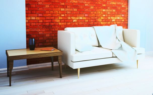 Brick wall in the living room interior. - Фото, зображення
