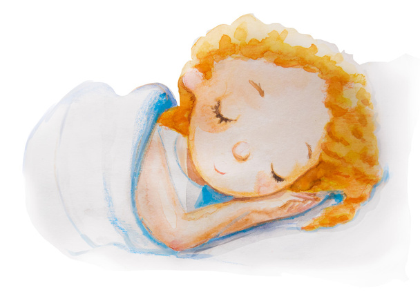 ακουαρέλα κόκκινα μαλλιά κορίτσι κοιμάται - Φωτογραφία, εικόνα