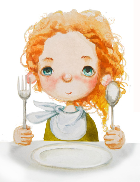 Aquarel meisje met vork en lepel - Foto, afbeelding
