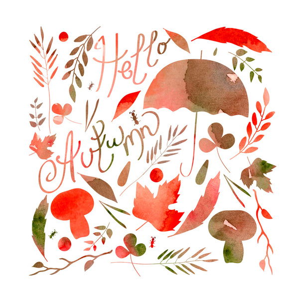 illustration depicting a set of leaves, twigs, berries, flowers, autumn elements. watercolor texture ocher, orange, gray, brown - Fotoğraf, Görsel