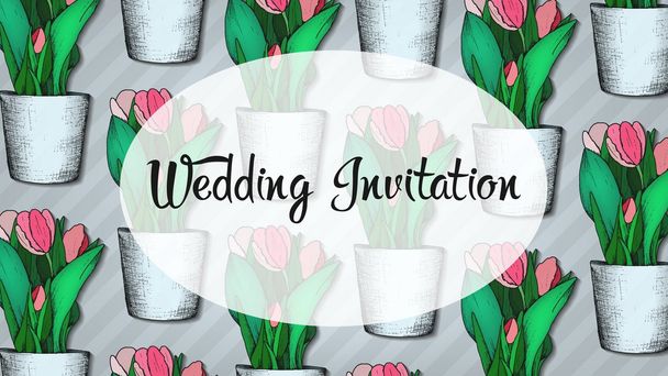 Wedding invitation vector illustration with tulips pattern - Vector, Image