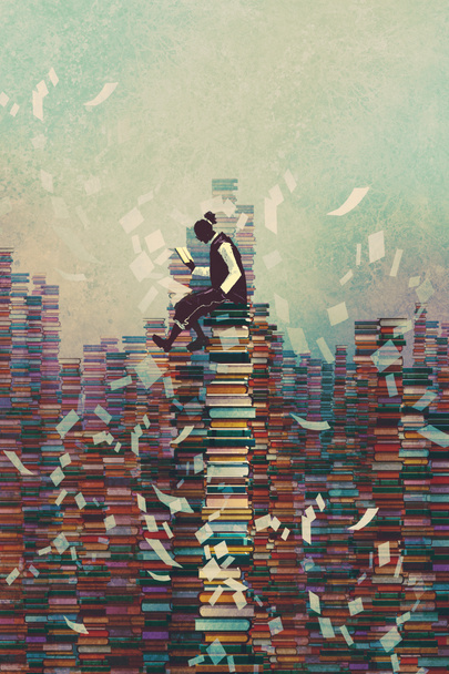 hombre leyendo libro mientras está sentado en un montón de libros
 - Foto, Imagen