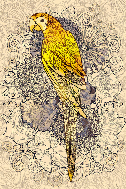 papegaai lijnwerk met geel gekleurd op bloemdessin element - Foto, afbeelding