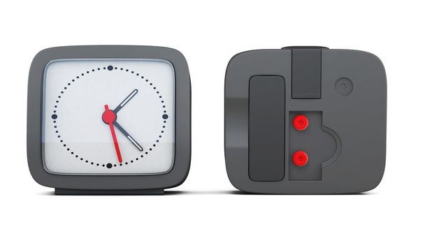 Reloj despertador negro con los dos lados aislados en fondo blanco
 - Foto, imagen