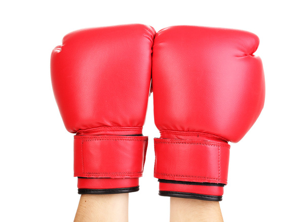 Red boxing gloves on hands isolated on white - Fotografie, Obrázek