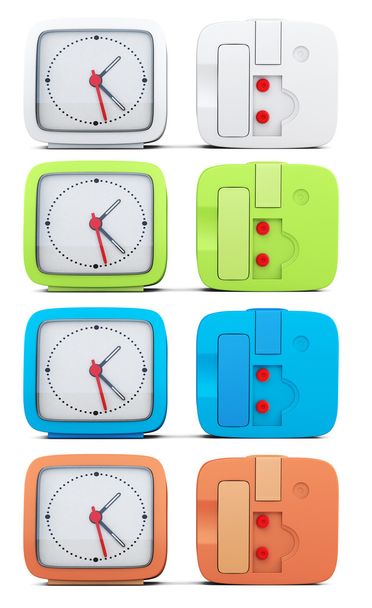 Set de despertadores de colores sobre fondo blanco. renderizado 3d
 - Foto, Imagen