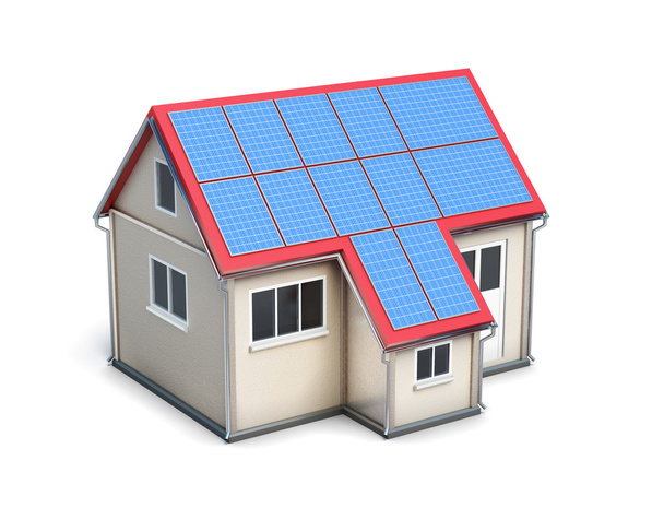 Huis met de zonne-batterijen op het dak geïsoleerd op witte backgro - Foto, afbeelding