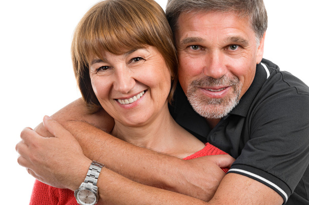 Mann und Frau. Porträt eines schönen glücklichen erwachsenen Paares auf weißem Hintergrund - Foto, Bild