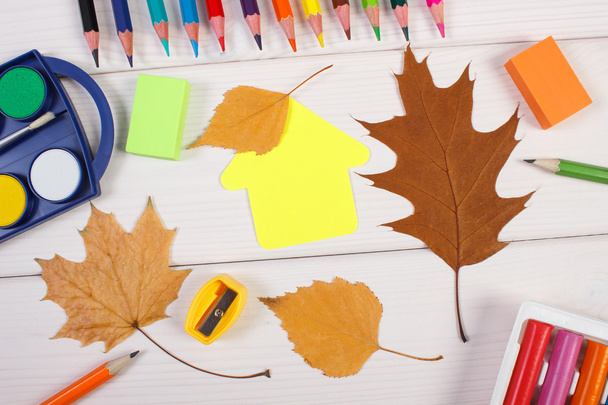 School accessories, shape of building and autumnal leaves on white boards - Fotó, kép