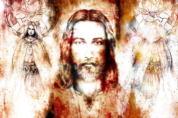 Иисус и прекрасный ангел с голубем и веточкой, духовная концепция
. - Фото, изображение