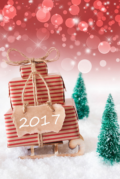 Vertical Christmas Sleigh On Red Background, Text 2017 - Fotografie, Obrázek