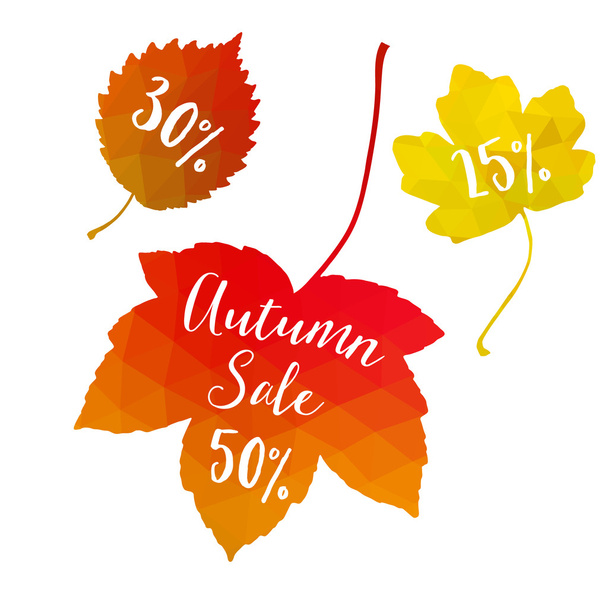 Autumn fall sale. Polygonal maple leaves, discount tags, isolated vector elements. Seasonal promotion concept. Modern design. - Vektör, Görsel