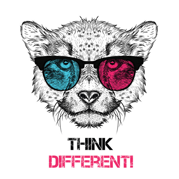 Portrait of the cheetah in the colored glasses. Think different. Vector illustration. - Vektör, Görsel