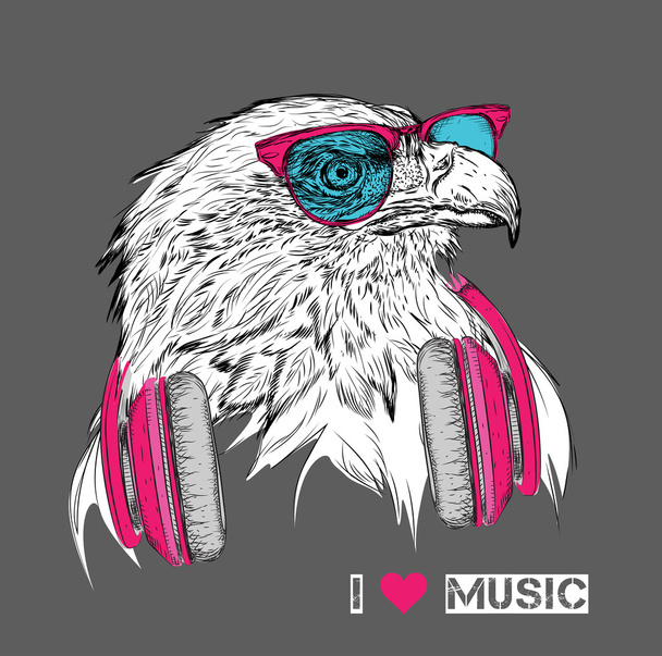 The image of the eagle in the glasses and headphones. Vector illustration. - Вектор, зображення