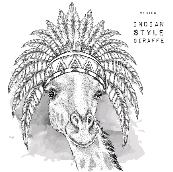 Żyrafa w kolorowych Indian Płoć. Pióro nakrycie głowy orła. Ilustracja wektor rysować ręcznie - Wektor, obraz