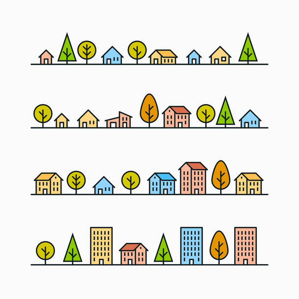 Lijn gebouwen en bomen in lijn, 4 verschillende stijlen - Vector, afbeelding